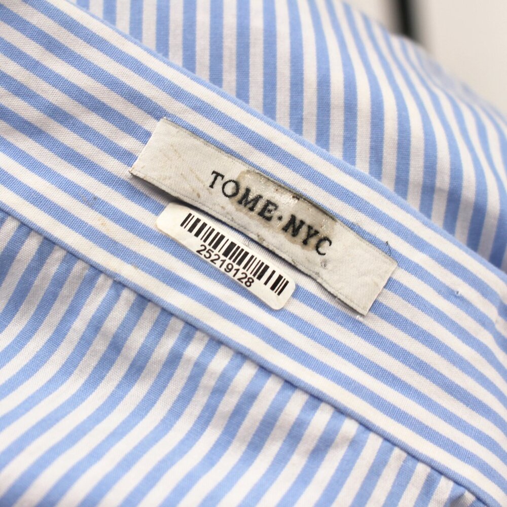 TOME NYC Blue White Pinstripe Drawstring Ruffle Hem Short Sleeve Top 12 Shirt - Picture 6 of 7